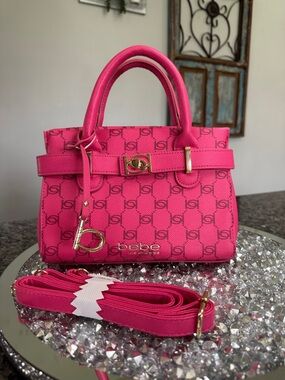 bebe Hot Pink Logo small Satchel with Gold-Tone Hardware and crossbody strap